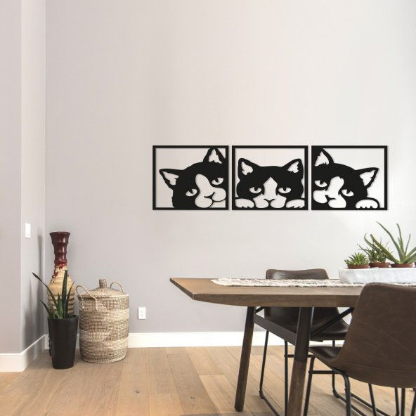 Dekoratif 3 Lü Kedi Duvar Dekoru, Ahşap Dekoratif Tablo, Lazer Kesim
