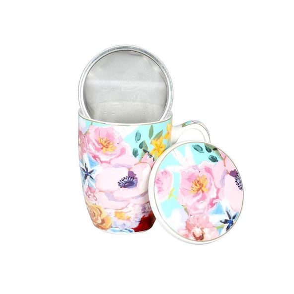 Lucky Art Peony Desenli Bone China Porselen Kapaklı ve Süzegçli Kupa 570 ml - 2