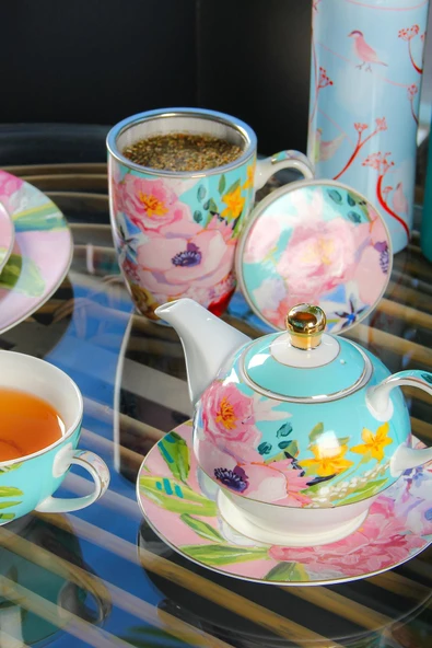 Lucky Art Peony Desenli Bone China Porselen Kapaklı ve Süzegçli Kupa 570 ml - 4