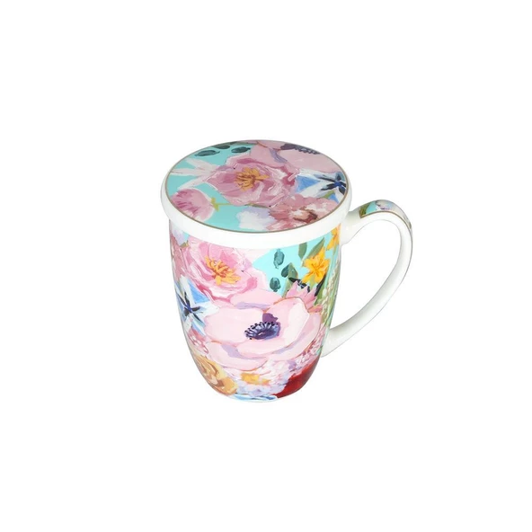 Lucky Art Peony Desenli Bone China Porselen Kapaklı ve Süzegçli Kupa 570 ml