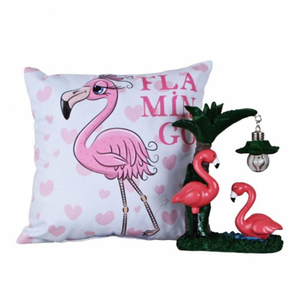 Flamingo 2 Li Set Flamingo Lamba Işıklı Biblo Flamingo Puf Yastık