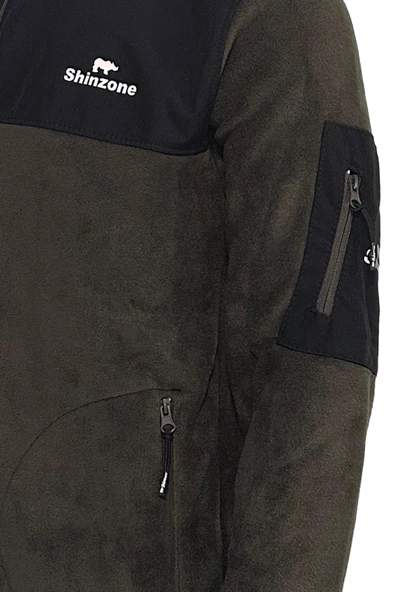 Erkek Regular Fit Fermuarlı Cepli Battal Büyük Beden Polar Haki Sweatshirt - 2