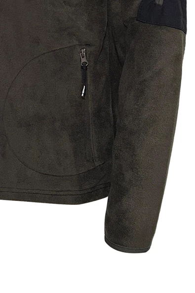 Erkek Regular Fit Fermuarlı Cepli Battal Büyük Beden Polar Haki Sweatshirt - 3