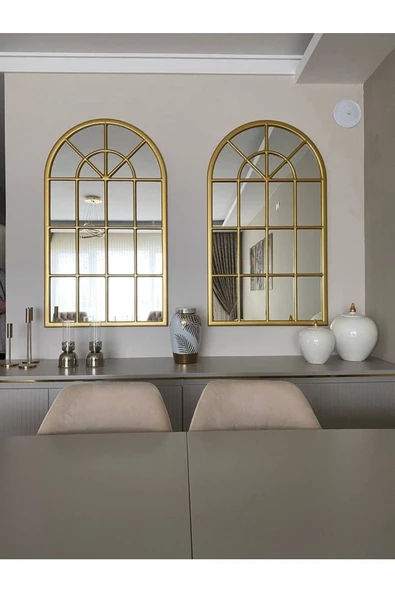 CG HOME Pencere Model Ayna Duvar Aynası Salon Aynası Dressuar Aynası Gold - 3
