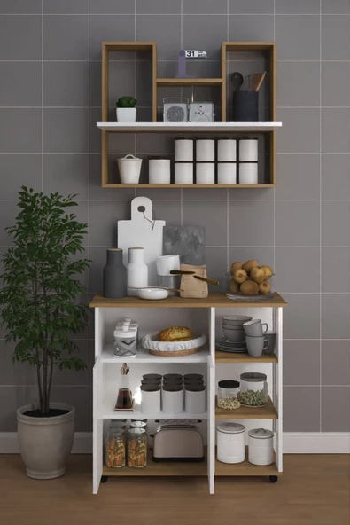 mokaparkavm 2 Kapaklı Çoklu Raflı Tekerlekli Üst Raflı Mikrodalga Fırın Dolabı Çok Amaçlı Dolap - 3