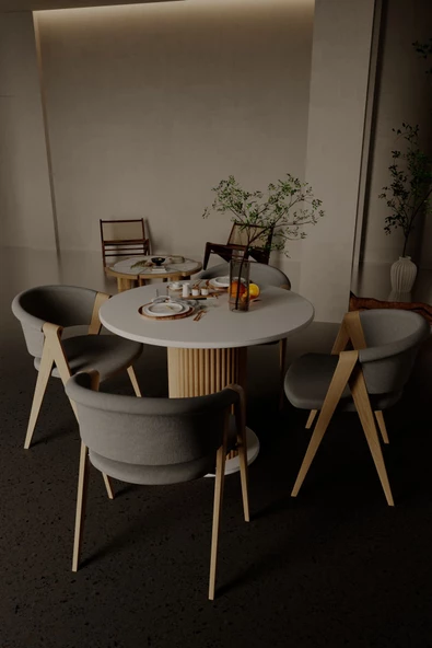 mokaparkavm Özel Tasarım Yuvarlak Modern Ahşap Ayaklı 4 Kişilik Şık Yemek Masası Mutfak Masası - 4