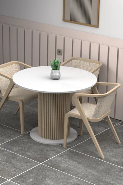 mokaparkavm Özel Tasarım Yuvarlak Modern Ahşap Ayaklı 4 Kişilik Şık Yemek Masası Mutfak Masası