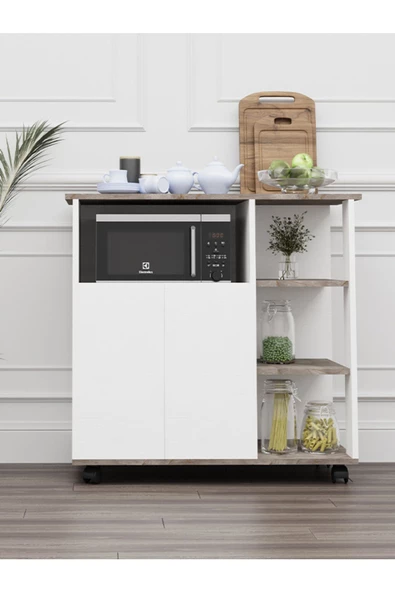 mokaparkavm 2 Kapaklı 3 Raflı Tekerlekli Mikrodalga Fırın Dolabı Çok Amaçlı Dolap