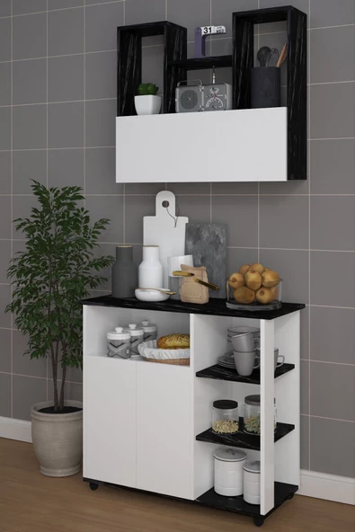 mokaparkavm 2 Kapaklı Çoklu Raflı Tekerlekli Üst Raflı Mikrodalga Fırın Dolabı Çok Amaçlı Dolap