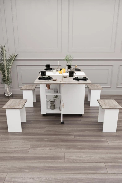 mokaparkavm 4 Tabureli Tekerlekli Dikdörtgen Açılır Kapanır Kolay Kurulumlu Pratik Mutfak Masası Yemek Masası - 2