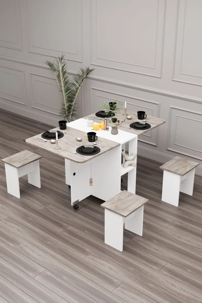 mokaparkavm 4 Tabureli Tekerlekli Dikdörtgen Açılır Kapanır Kolay Kurulumlu Pratik Mutfak Masası Yemek Masası