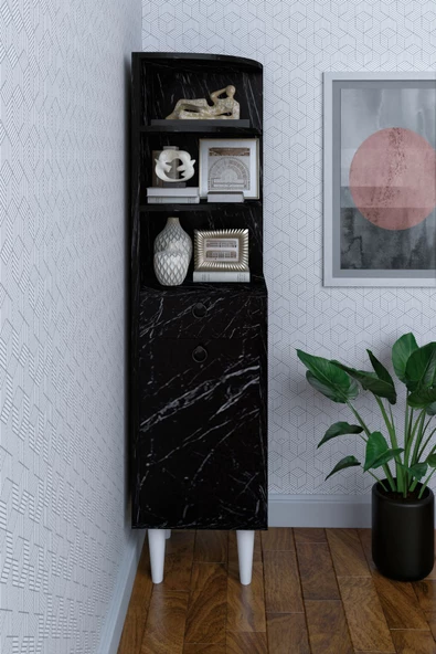 mokaparkavm 3 Raflı Tek Kapaklı Modern Ayaklı Tek Çekmeceli  Vitrin Gümüşlük Çok Amaçlı Dolap