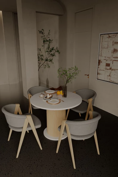 mokaparkavm Yuvarlak Modern  Ahşap Ayaklı 4 Kişilik Sabit Şık Yemek Masası Mutfak Masası - 4