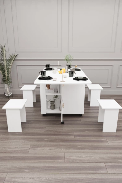 mokaparkavm 4 Tabureli Tekerlekli Dikdörtgen Açılır Kapanır Kolay Kurulumlu Pratik Mutfak Masası Yemek Masası - 2