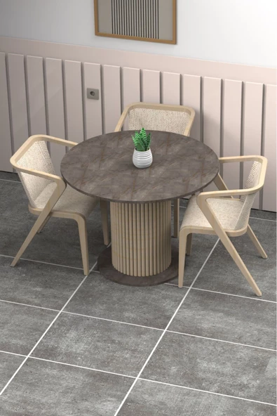 mokaparkavm Yuvarlak Modern Ahşap Ayaklı 4 Kişilik Şık Yemek Masası Mutfak Masası