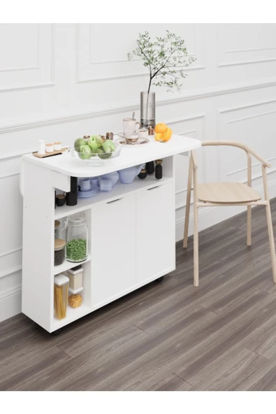 mokaparkavm Açılır Kapanır Raflı Kapaklı Tekerlekli 6 Kişilik Dikdörtgen Şık Yemek Masası Mutfak Masası - 3