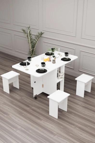 mokaparkavm 4 Tabureli Tekerlekli Dikdörtgen Açılır Kapanır Kolay Kurulumlu Pratik Mutfak Masası Yemek Masası