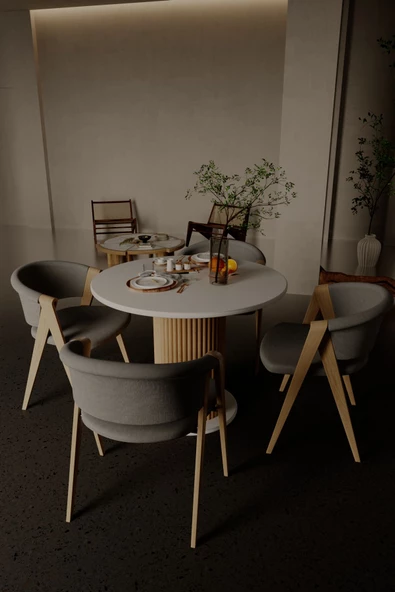 mokaparkavm Yuvarlak Modern  Ahşap Ayaklı 4 Kişilik Sabit Şık Yemek Masası Mutfak Masası - 3