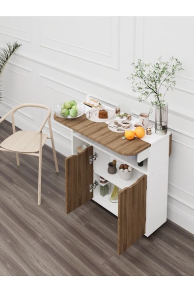 mokaparkavm Açılır Kapanır Raflı Kapaklı Tekerlekli 6 Kişilik Dikdörtgen Şık Yemek Masası Mutfak Masası - Resim 2