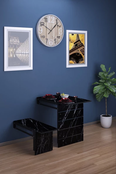 mokaparkavm Tabureli Duvara Monte Açılır Kapanır Metal Ayaklı Dikdörtgen 2 Kişilik Mutfak Masası Yemek Masası