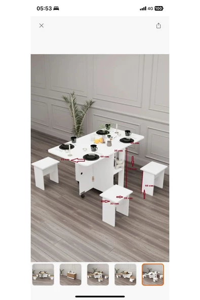 mokaparkavm 4 Tabureli Tekerlekli Dikdörtgen Açılır Kapanır Kolay Kurulumlu Pratik Mutfak Masası Yemek Masası - 5