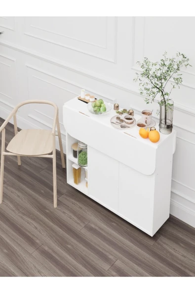 mokaparkavm Açılır Kapanır Raflı Kapaklı Tekerlekli 6 Kişilik Dikdörtgen Şık Yemek Masası Mutfak Masası - 4