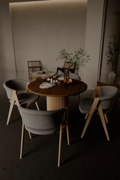 mokaparkavm Yuvarlak Modern Ahşap Ayaklı 4 Kişilik Sabit Şık Yemek Masası Mutfak Masası - 4