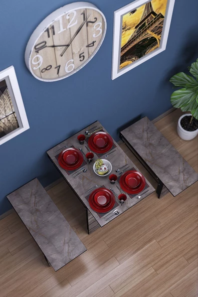 mokaparkavm FİRUZE Duvara Monte Katlanabilir 2 Tabureli Pratik Yemek Masası