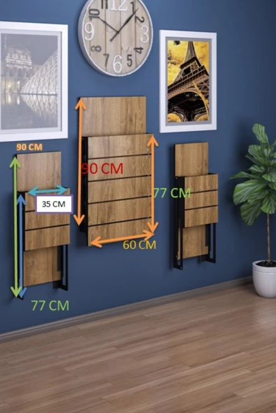 mokaparkavm FİRUZE Duvara Monte Katlanabilir 2 Tabureli Pratik Yemek Masası - 4