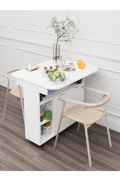 mokaparkavm Açılır Kapanır Raflı Kapaklı Tekerlekli 6 Kişilik Dikdörtgen Şık Yemek Masası Mutfak Masası