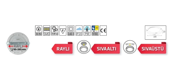 HOROZ Martha 18w Yuvarlak Hareket Sensörlü Fotoselli Led Spot SİYAH 6400K Beyaz Sıva Üstü ve Sıva Altı Kullanım - 8