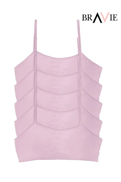 Bravie İp Askılı Yumuşak Süngerli Kız Çocuk Pamuk Büstiyer 5'li Paket Toz Pembe - Resim 2