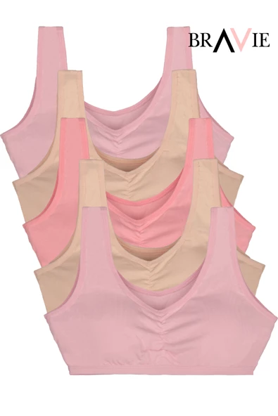 Bravie Geniş Askılı Yumuşak Süngerli Kız Çocuk Pamuk Büstiyer 5'li Paket 2 Toz Pembe- 2 Somon- Pembe
