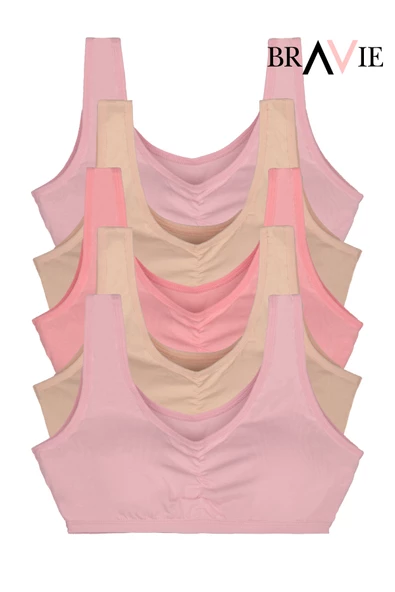Bravie Geniş Askılı Yumuşak Süngerli Kız Çocuk Pamuk Büstiyer 5'li Paket 2 Toz Pembe- 2 Somon- Pembe - Resim 2
