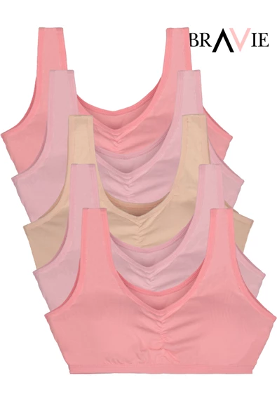 Bravie Geniş Askılı Yumuşak Süngerli Kız Çocuk Pamuk Büstiyer 5'li Paket 2 Pembe- 2Toz Pembe- Somon