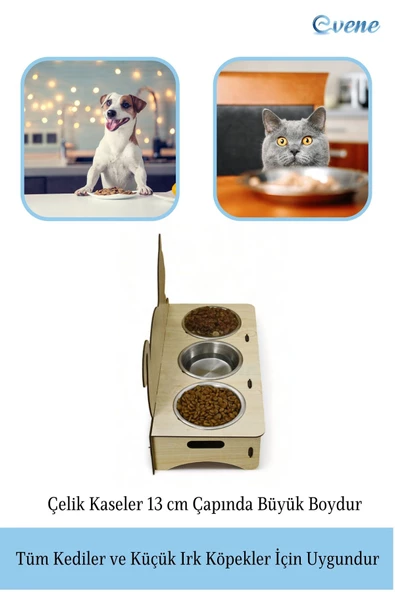 Evene Kedi Mama Kabı Kedi Su Kabı Kedi Mama ve Su Kabı Kedi Yemek Kabı 3 Çelik Kase Model 4 Açık Meşe - 4