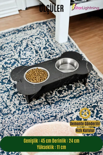 StarLightning Ahşap Kedi Mama Kabı Standı Siyah Mermer Premium Boyalı Paslanmaz Çelik Kaseli Model 2 - 2