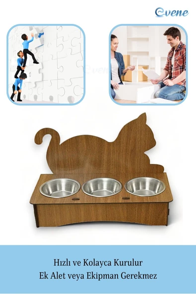 Evene Kedi Mama Kabı Kedi Su Kabı Kedi Mama ve Su Kabı Kedi Yemek Kabı 3 Çelik Kase Model 4 Ceviz - Resim 5