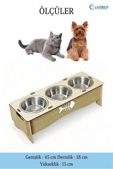 Evene Kedi Mama Kabı Kedi Su Kabı Kedi Mama ve Su Kabı Kedi Yemek Kabı 3 Çelik Kase Model 5 Açık Meşe - 2