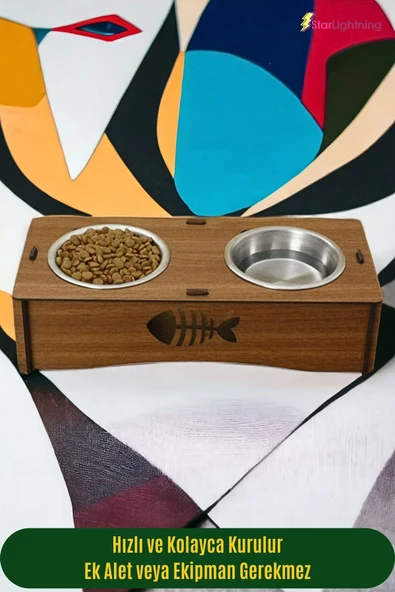 StarLightning Ahşap Kedi Mama Kabı Standı Ceviz Premium Boyalı Paslanmaz Çelik Kaseli Model 5 - Resim 3