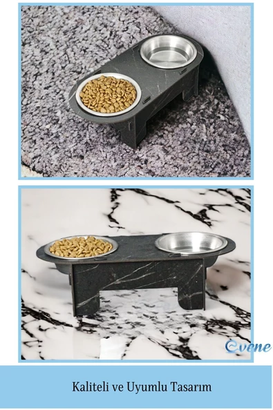 Evene Kedi Mama Kabı Kedi Su Kabı Kedi Mama ve Su Kabı Kedi Yemek Kabı 2 Çelik Kase Model 1 Siyah Mermer - 3