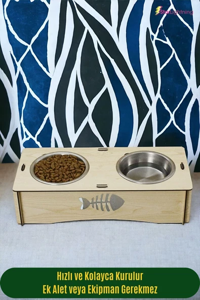 StarLightning Ahşap Kedi Mama Kabı Standı Açık Meşe Premium Boyalı Paslanmaz Çelik Kaseli Model 5 - Resim 3