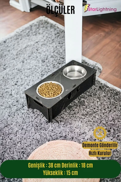 StarLightning Ahşap Kedi Mama Kabı Standı Siyah Mermer Premium Boyalı Paslanmaz Çelik Kaseli Model 5 - Resim 2
