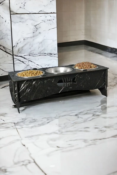 StarLightning Büyük Ahşap Kedi Mama Kabı Standı Siyah Mermer Premium Boyalı 3'lü Paslanmaz Çelik Kaseli Model 5 ürün görseli 1