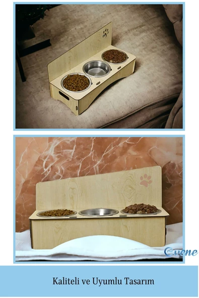 Evene Kedi Mama Kabı Kedi Su Kabı Kedi Mama ve Su Kabı Kedi Yemek Kabı 3 Çelik Kase Model 2 Açık Meşe - Resim 3