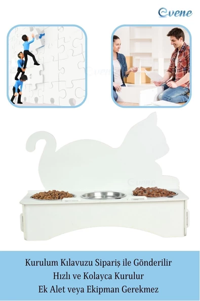 Evene Mama Su Kabı Paslanmaz Çelik Taslı 3'lü Ahşap Kedi Ve Köpek Suluk Kedi Arkalıklı Model - 4
