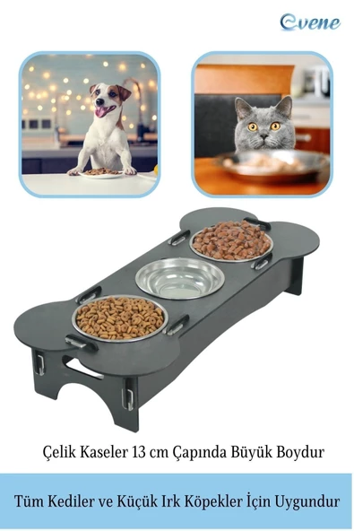 Evene Mama Su Kabı Paslanmaz Çelik Taslı 3'lü Ahşap Kedi Ve Köpek Suluk Kemik Model - Resim 3