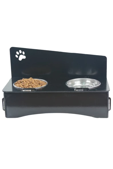 Evene Mama Su Kabı Paslanmaz Çelik Taslı 2'li Ahşap Kedi Ve Köpek Suluk Patili Model ürün görseli 1