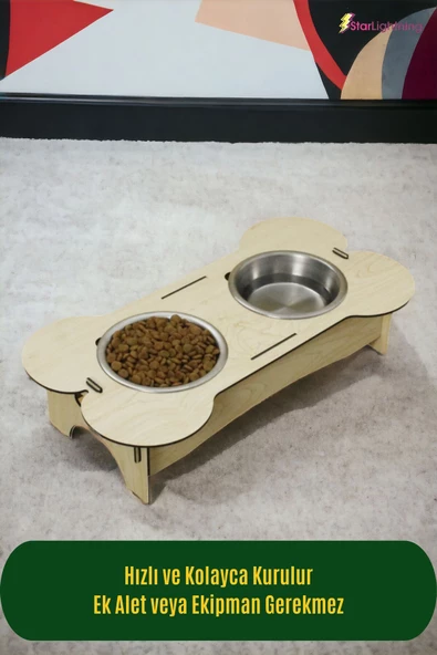 StarLightning Ahşap Kedi Mama Kabı Standı Açık Meşe Premium Boyalı Paslanmaz Çelik Kaseli Model 2 - 3