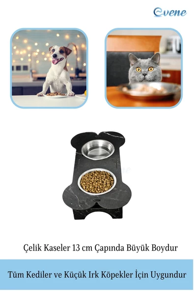 Evene Kedi Mama Kabı Kedi Su Kabı Kedi Mama ve Su Kabı Kedi Yemek Kabı 2 Çelik Kase Model 3 Siyah Mermer - 4